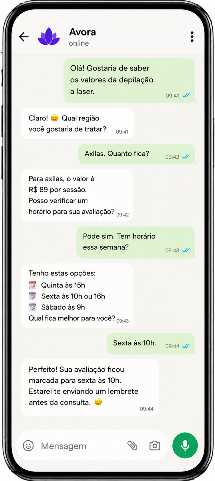 Conversa no WhatsApp conduzida pela Avora